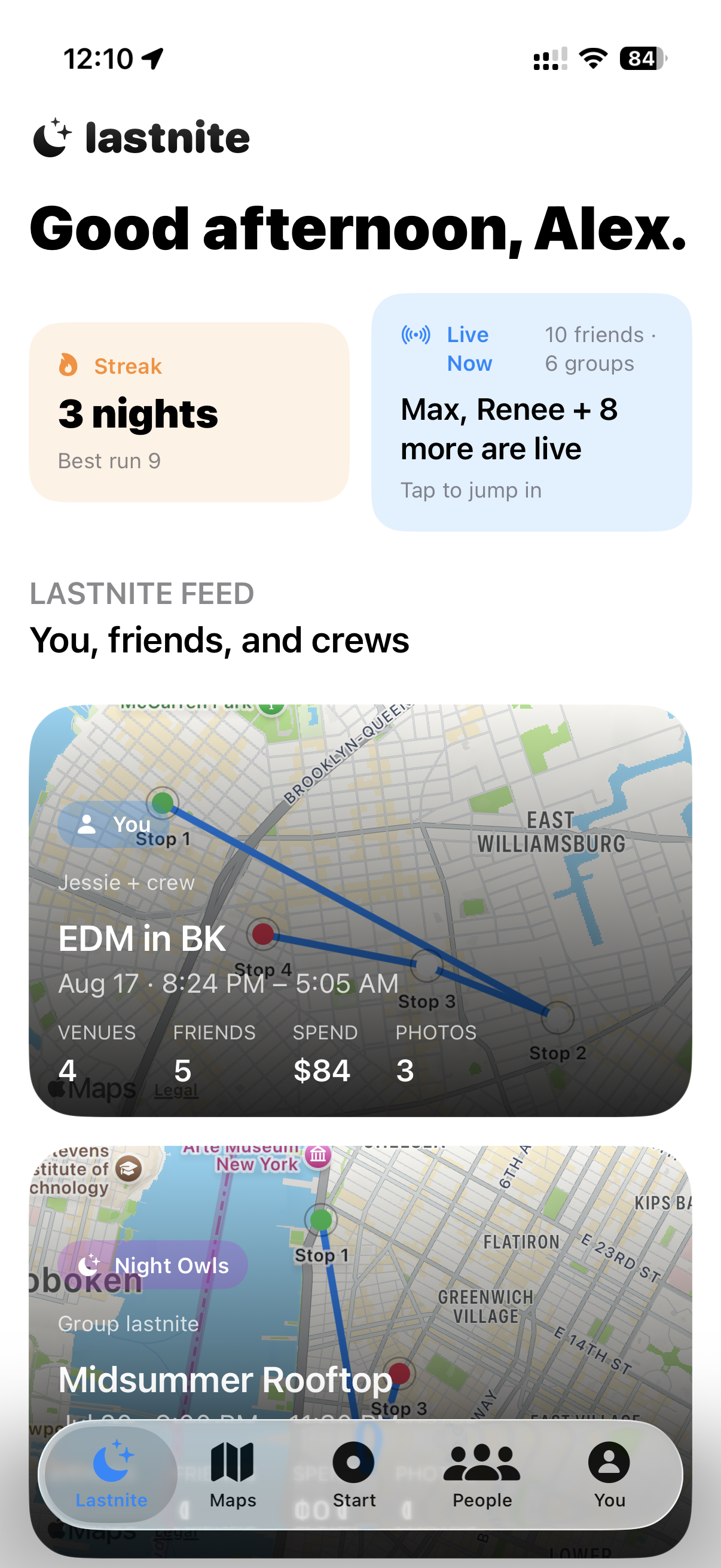 lastnite feed showing discovery, friends, and mapped nights.